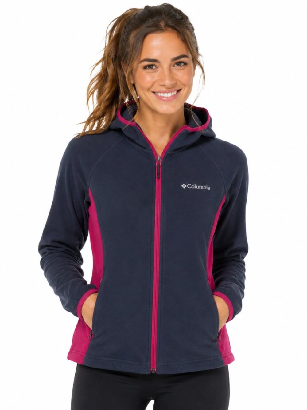 Columbia Women’s Hooded Full Zip Fleece Jacket Dark Grey Pink Trim Sz M